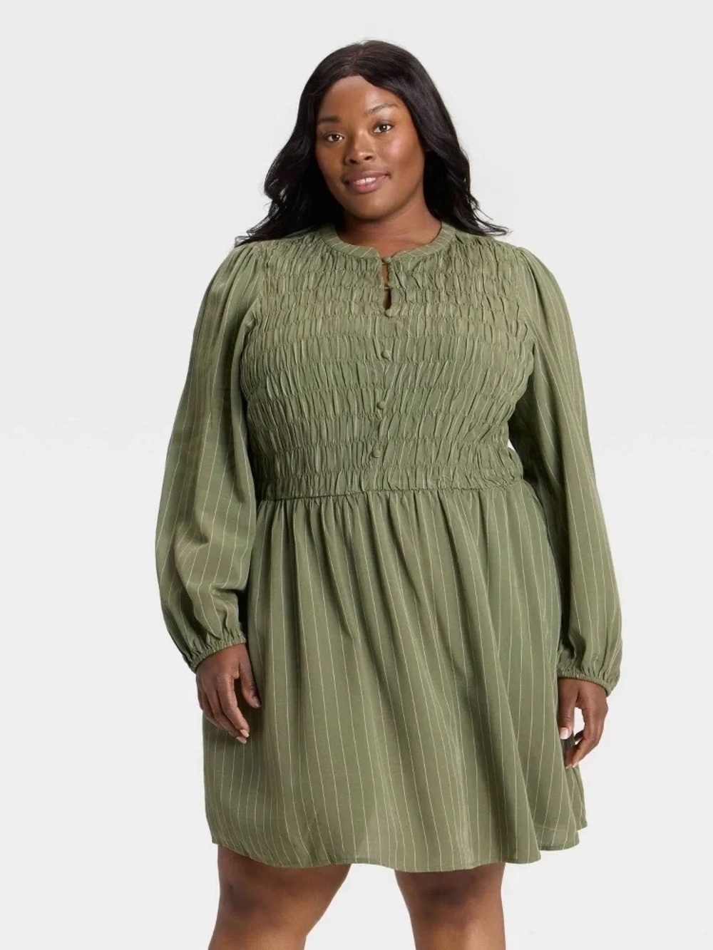 Smocked Olive Green Long-Sleeve Women’s Dress